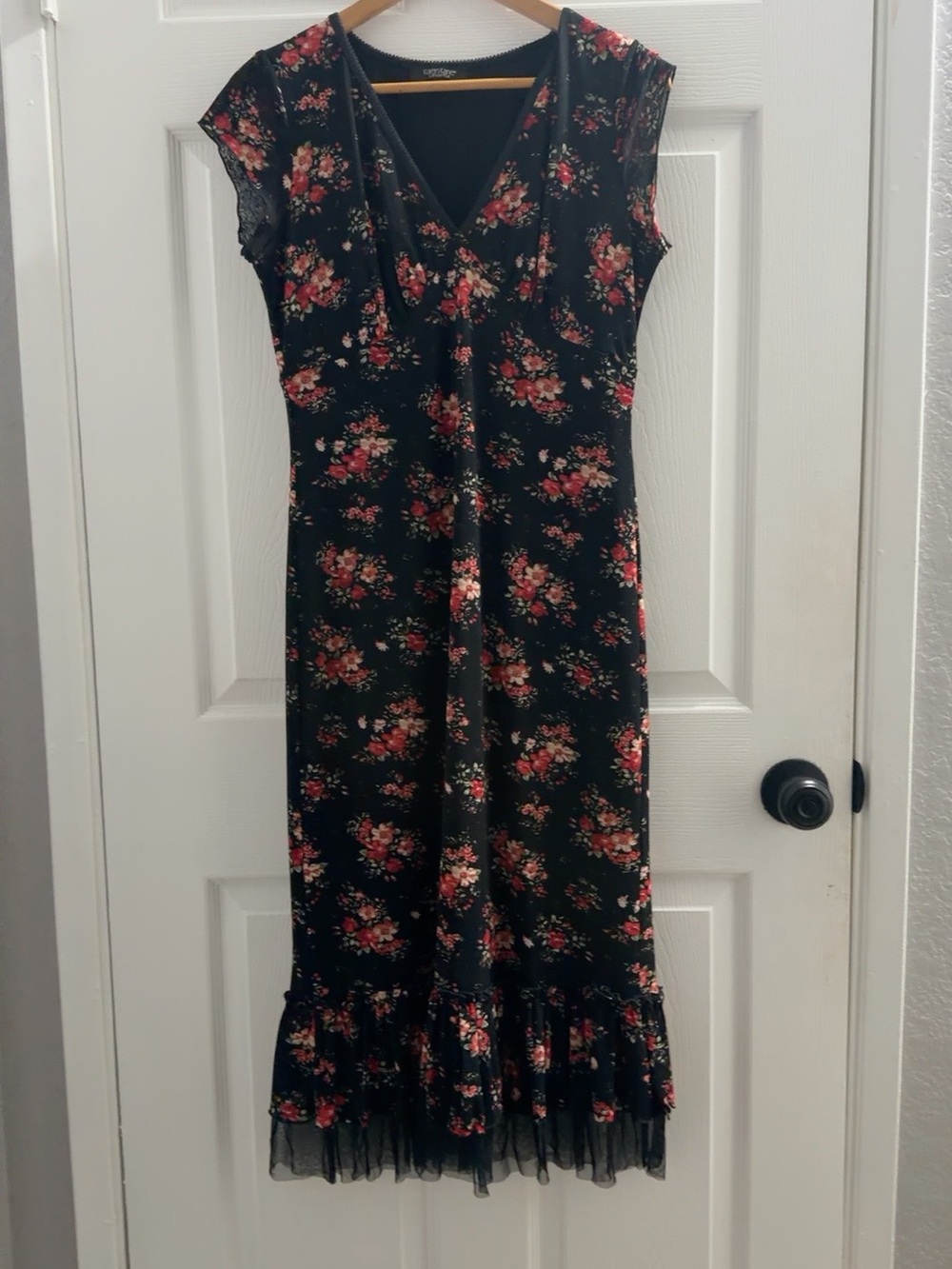 Floral Black Midi Dress with Ruffle Hem